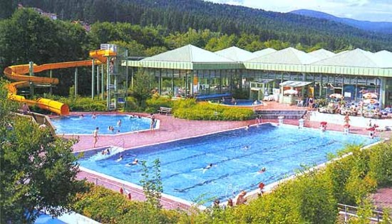 Blich auf das Schwimmerbecken mit 4 Schwimmbahnen