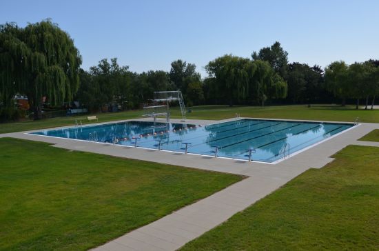 Schwimmerbecken mit FINA Startsockeln und Tauchstreifen