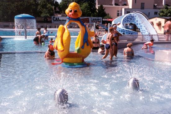 Attraktives Kinderbecken mit Spieltier, Kinderrutsche "Schlange", Wasserpilz. Im Vordergrund Srpühigel.