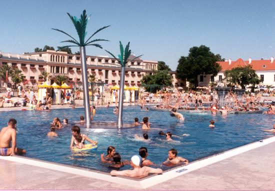 Mehrzweckbecken mit Palmeninsel.